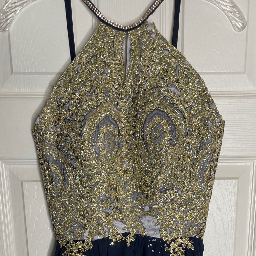 EUC! Navy Blue / Gold Embellished Tulle Party Dress Short Homecoming Prom